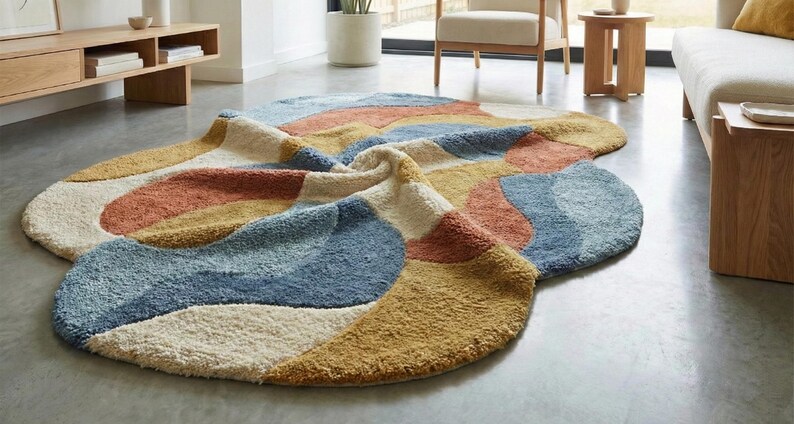 May include: A colorful, abstract area rug with a soft, textured surface. The rug features a pattern of overlapping shapes in shades of blue, orange, yellow, and cream. The rug is designed to add a modern touch to any living space.