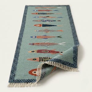Fiskmatta, handvävd ullkelim, salviagrön nautisk hallmatta, boho kökslöpare, turkisk matta, 2x6 2.5x8 anpassade storlekar