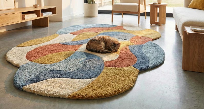 May include: A colorful, abstract area rug with a soft, textured surface. The rug features a pattern of overlapping shapes in shades of blue, yellow, orange, and cream. A cat is curled up asleep on the rug. Home decor.