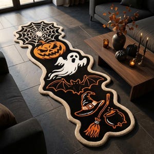 Getuft Halloweenkleed, gevormd loperkleed met heksen-, pompoen-, spook-, vleermuis- en spinnenwebmotief, griezelige Halloween-decoratie, deurmat, halkleed 2,6 x 9 voet (3 x 9 voet)