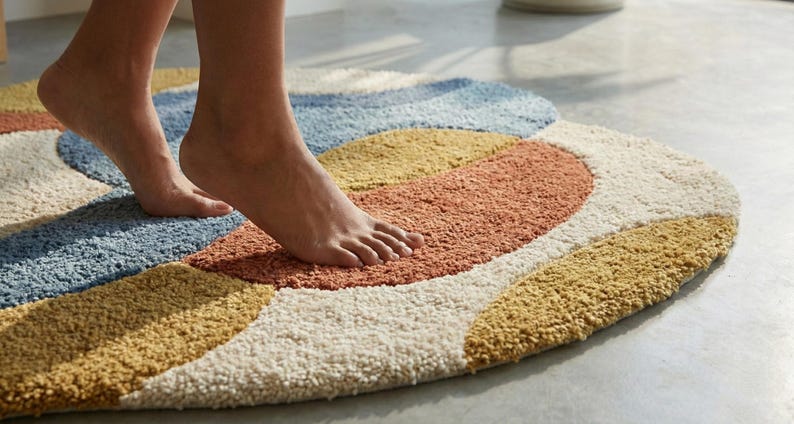 May include: A colorful, round bath mat with a textured surface. The mat features a design with sections of blue, orange, yellow, and cream colors. The image shows a person's feet standing on the mat.