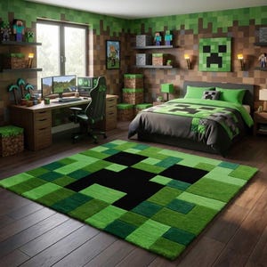 Tappeto trapuntato con faccia di mostro pixelata / Tappeto da gamer verde e nero / Tappeto con grafica pixel art a punzone / Decorazione per cameretta bambini / 4x5 5x6 6x7 7x8 8 x 9 piedi