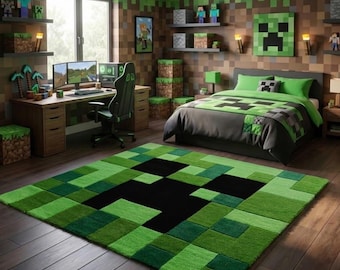Pixel Monster Face Getuft Tapijt | Groen & Zwart Gamer Tapijt | Punch Needle Pixel Art Mat | Kinderspeelkamer Babykamer Decoratie | 4x5 5x6 6x7 7x8 8 x 9 ft