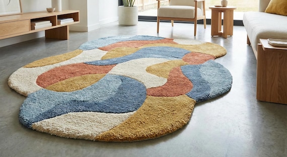 Handtufted Abstract Rug, Irregular Shape Modern Carpet, Luxury Retro Sculptural Area Rug for Artistic Interiors
