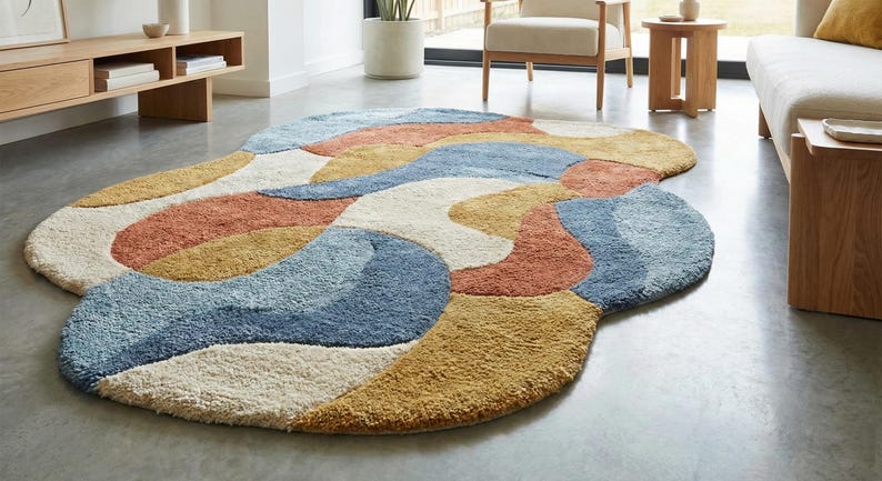 May include: A large, abstract area rug with a soft, textured surface. The rug features a flowing design with sections of cream, rust, blue, and gold. The rug is placed on a gray concrete floor, adding a modern touch to the room.