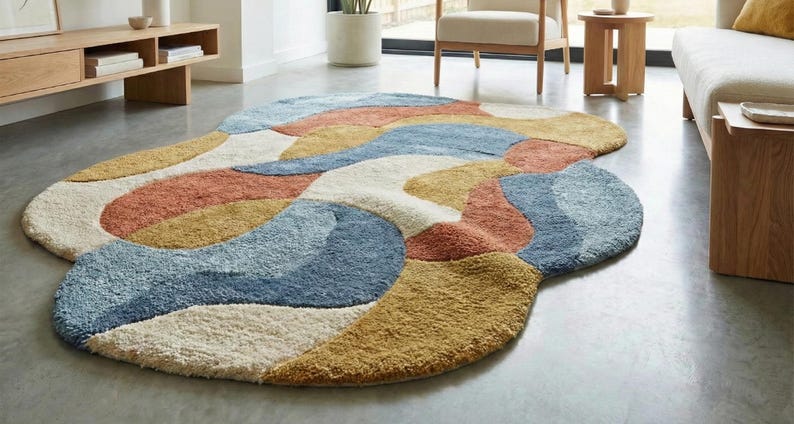 May include: A large, abstract area rug with a soft, textured surface. The rug features a flowing design with sections of white, blue, orange, and gold. The rug is placed on a gray floor in a modern living space.