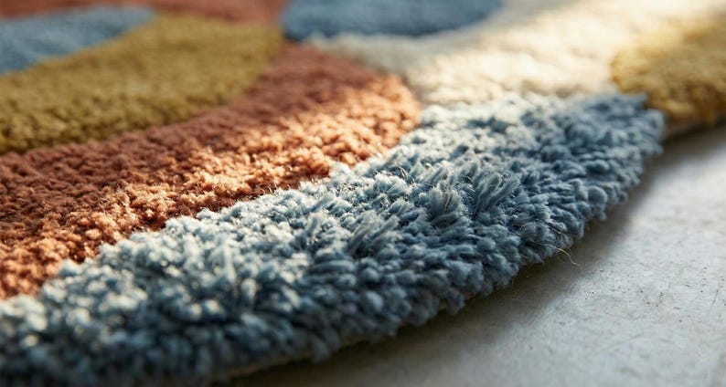 May include: Close-up of a colorful, textured rug. The rug features a pattern of overlapping shapes in shades of blue, brown, orange, and yellow. The rug's surface has a soft, plush texture, suggesting a comfortable and inviting feel.