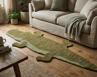 Crocodile Tufted Rug Animal Shaped Rug, Green Alligator Rug, Kids Room Decor, Nursery Floor Rug, Statement Handmade Area Rug