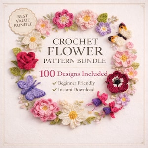 Op de afbeelding: Een vierkante afbeelding toont een cirkelvormige opstelling van kleurrijke gehaakte bloemen en vlinders. De tekst "CROCHET FLOWER PATTERN BUNDLE" staat in het midden, met "100 Designs Included" eronder. Extra tekst luidt "Beginner Friendly" en "Instant Download."