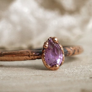 Amethyst copper ring / natural Pear faceted gemstone / Birthstone ring / unique gift for hippie girl