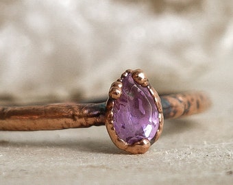 Amethyst copper ring / natural Pear faceted gemstone / Birthstone ring / unique gift for hippie girl