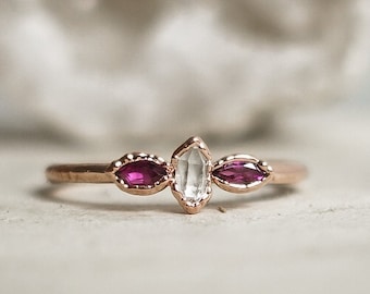 Rhodolite Garnet and and Herkimer Quartz copper ring / rough and natural stone/ Raw gemstone ring / unique piece /