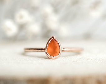 Orange Carnelian drop copper ring / natural faceted gemstone / Birthstone ring / handmade jewelry / unique piece