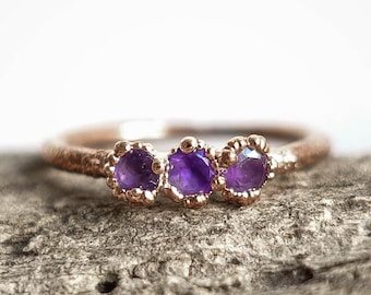 Amethyst copper ring / natural gemstone/ organic stone ring / Birthstone ring / unique piece /