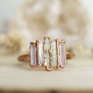 Multi Pink and green Tourmaline copper ring / natural gemstone/ Raw stone ring / unique handmade piece / Rough Crystal Jewelry