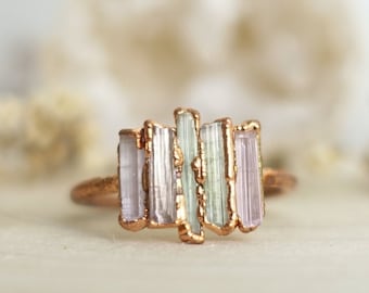 Multi Pink and green Tourmaline copper ring / natural gemstone/ Raw stone ring / unique handmade piece / Rough Crystal Jewelry