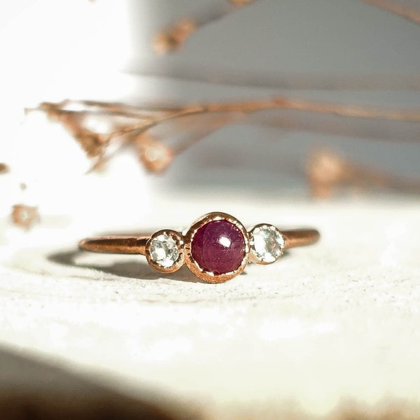 Ruby and Aquamarine copper ring / March and July gemstone/ Raw organic jewelry / unique handmade piece