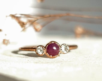 Ruby and Aquamarine copper ring / March and July gemstone/ Raw organic jewelry / unique handmade piece