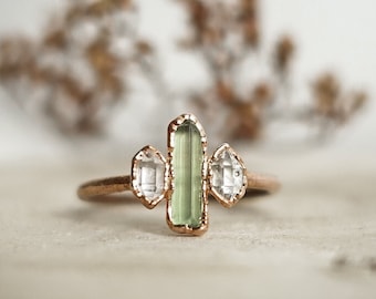 Herkimer Diamond and green Tourmaline copper ring / rough and natural stone/ Raw gemstone ring / unique handmade piece /