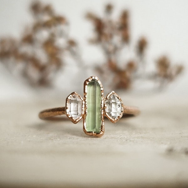 Herkimer Diamond and green Tourmaline copper ring / rough and natural stone/ Raw gemstone ring / unique handmade piece /