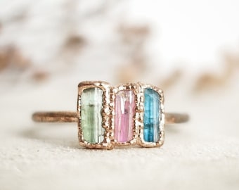 Copper and Tourmaline ring . Handmade gift for her . Made in France jewelry . Hippie core