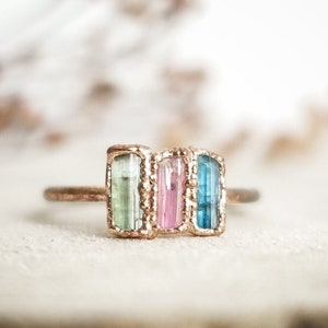 Copper and Tourmaline ring . Handmade gift for her . Made in France jewelry . Hippie core image 1