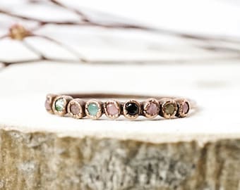 Multi Tourmaline copper dainty ring / natural gemstone/ stackable band / unique handmade piece / Whimsical jewelry