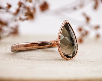 Smoky Quartz pear copper ring / natural faceted gemstone / Birthstone ring /Handcrafted jewelry / unique gift for her/him