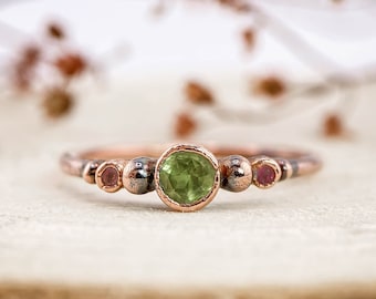 Peridot and pink Tourmaline copper ring / natural gemstone/ Raw organic jewelry / unique gift for her / August birthstone