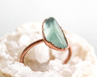 Fluorite blue-green copper ring / tumbled natural stone/ Raw gemstone ring / unique gift piece / Handmade Jewelry