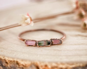 Multi Tourmaline copper ring / natural pink and green gemstone/ Raw stone ring / unique handmade gift