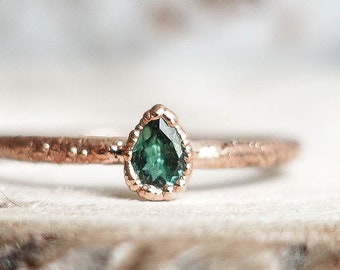 Blue-green Tourmaline copper ring / natural gemstone/ Pear stone ring / unique piece /