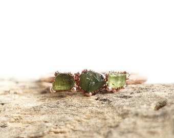 Multi Green Tourmaline copper ring / natural gemstone/ Raw stone ring / unique piece /