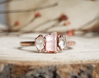 Herkimer Diamond and pink tourmaline copper ring / rough and natural stone/ Raw gemstone ring / unique handmade piece /