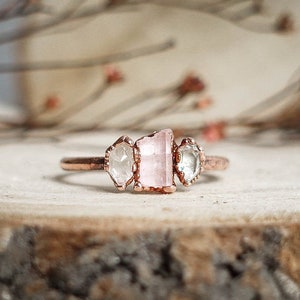 Herkimer Diamond and pink tourmaline copper ring / rough and natural stone/ Raw gemstone ring / unique handmade piece /