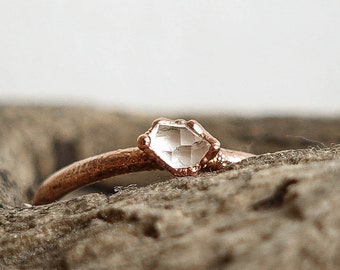 Herkimer Diamond Quartz copper ring / rough and natural stone/ Raw gemstone ring / unique piece /