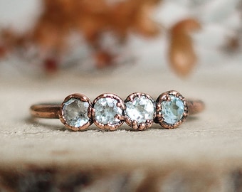 Multi blue Topaz copper ring / Raw faceted stone ring / Birthstone ring / unique piece /