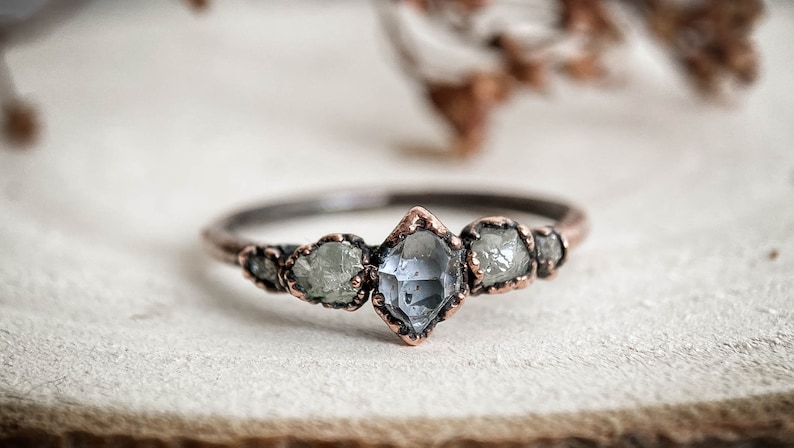 Herkimer diamond and rough diamond copper ring / natural rough gemstone/ Raw organic jewelry / unique piece / image 2