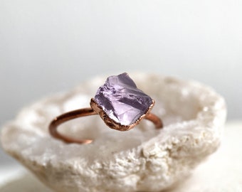 Raw light Amethyst copper ring / rough and natural stone/ Raw gemstone ring / unique piece / Handmade Jewelry