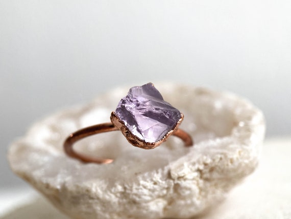 Raw Light Amethyst Copper Ring Rough and Natural Stone Raw Gemstone Ring Unique Piece Handmade Jewelry