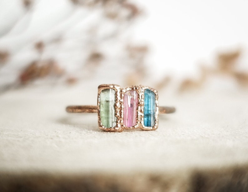 Copper and Tourmaline ring . Handmade gift for her . Made in France jewelry . Hippie core image 1