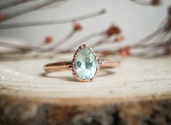 Blue Topaz Drop Copper Ring Natural Faceted Gemstone