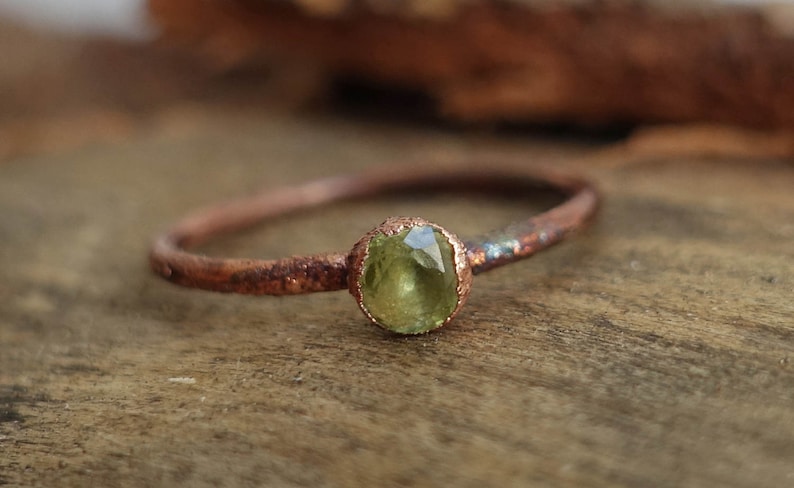 Peridot copper ring / natural faceted gemstone / Raw stone ring / festival ring / unique image 1
