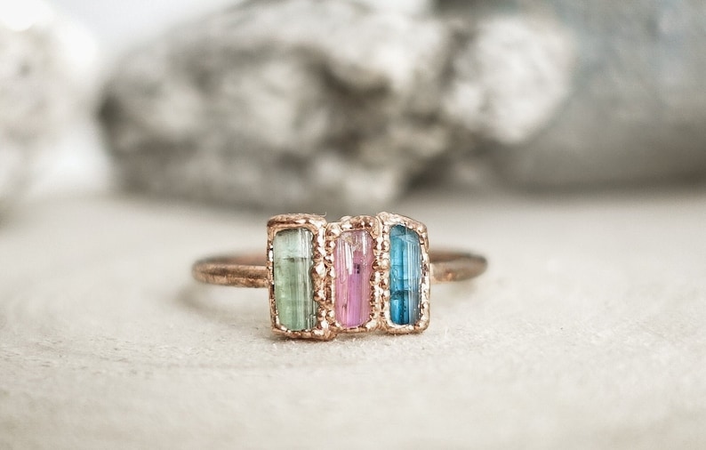 Copper and Tourmaline ring . Handmade gift for her . Made in France jewelry . Hippie core image 2