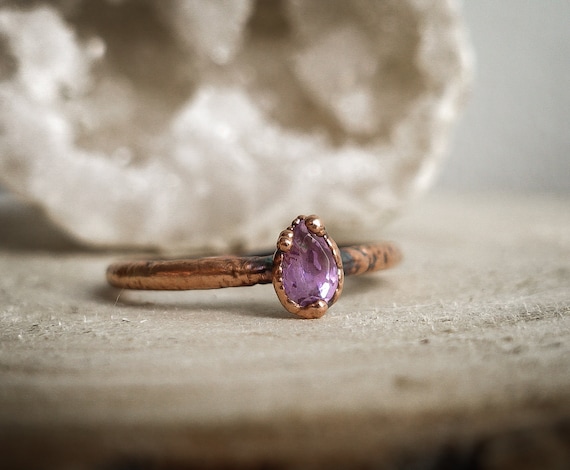 Amethyst Copper Ring Natural Pear Faceted Gemstone Birthstone