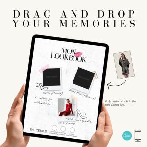 Puede incluir: Una tableta digital que muestra un concepto de lookbook de moda. La pantalla muestra el texto "DRAG AND DROP YOUR MEMORIES" y "MON LOOKBOOK". Incluye marcadores de posición para fotos, texto y una pequeña imagen de una mujer con un vestido. El logotipo de Canva es visible.