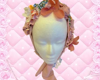 Joli bonnet floral rose fait main (style J-Fashion) Himekaji - Lolita (EGL) - Gyaru - Himegyaru - Jirai Kei - SERRE-TÊTE FAIT MAIN