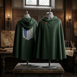 Op de afbeelding: Twee donkergroene capes met capuchon op etalagepoppen. Eén cape toont de achterkant met een schildvormig embleem met blauwe en witte vleugels. De andere cape toont de voorkant met een enkele bruine knoopsluiting bij de hals. Beide capes zijn gemaakt van effen stof.