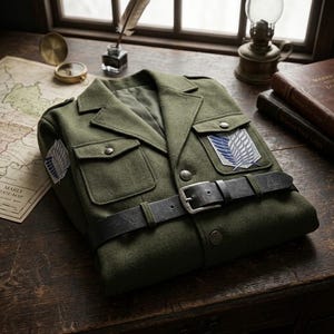 Può includere: Una giacca in stile militare verde oliva con revers dentellato, due tasche sul petto con chiusura a bottone e una cintura in pelle nera stretta in vita. La giacca presenta emblemi alati ricamati in blu e bianco sul petto e sulla manica.