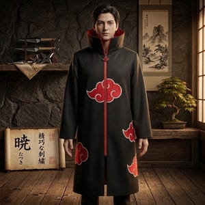 May include: A black knee-length coat with a high collar and a red zipper closure. The garment features multiple red cloud-shaped embroidered patches across the front and sleeves. The interior lining of the collar is red, matching the zipper trim.